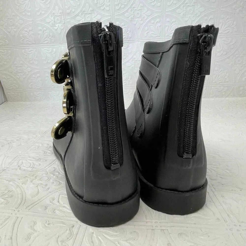 Loeffler Randall Fenton Rain Booties in black with gold-tone buckles Sz 11